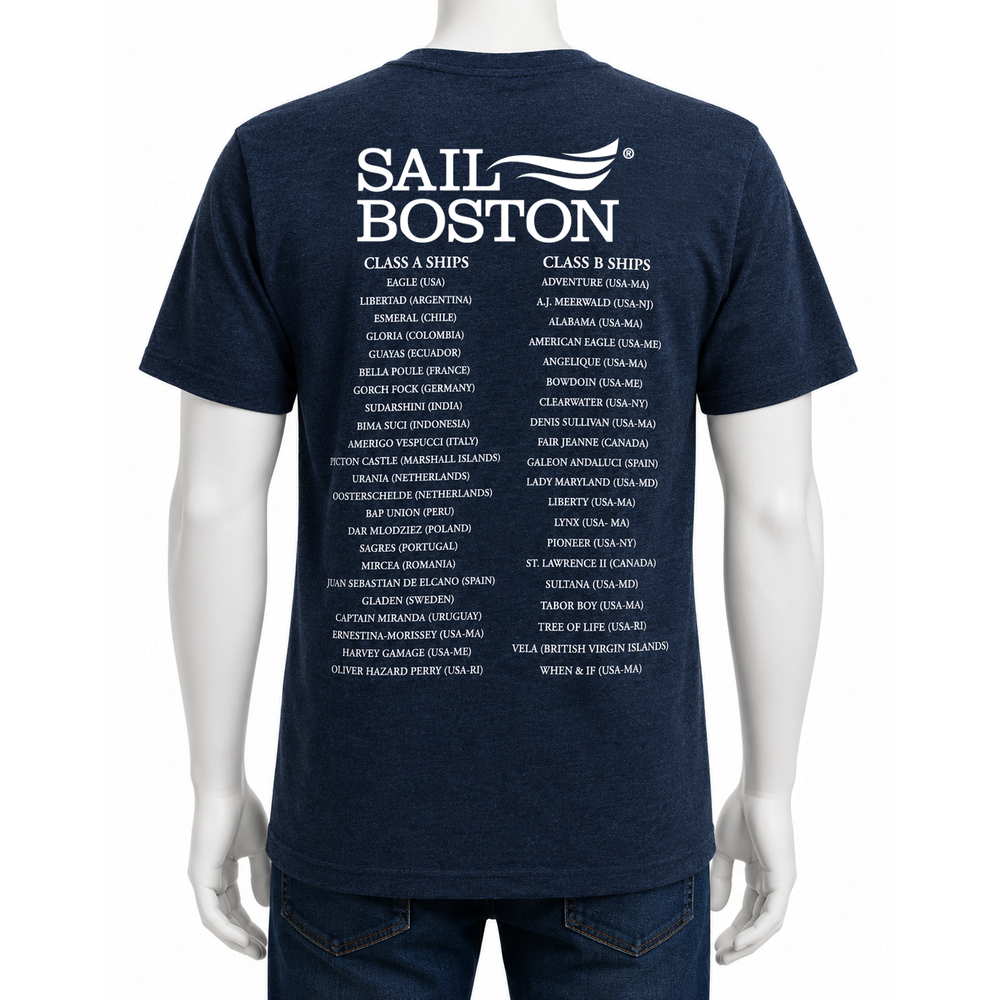 Sail Boston Short Sleeve T-Shirt Navy with Ships Location on Back