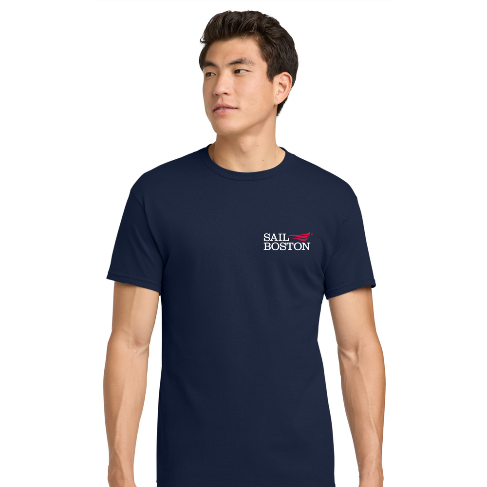 Sail Boston Short Sleeve T-Shirt Navy with Ships Location on Back