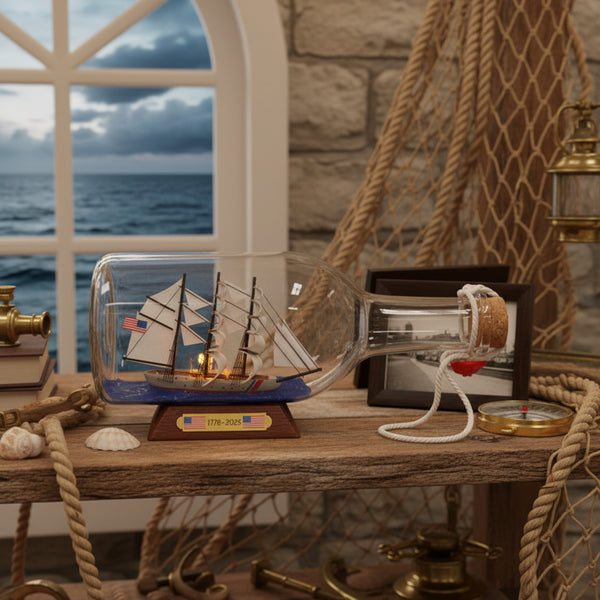 Tall Ship USCGC Eagle Bottle Display with Wooden Base in Display