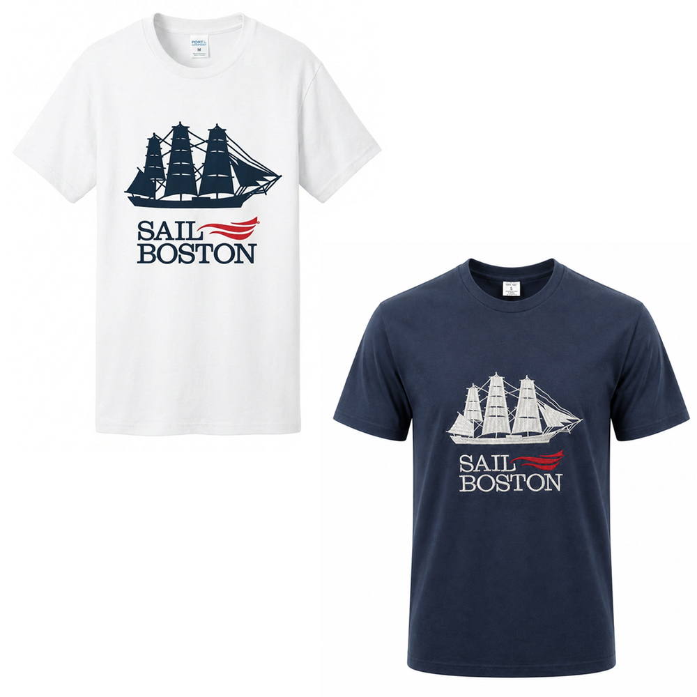 Sail Boston Embroidered Logo and Silhouette Tall Ship Short Sleeve T-Shirt Available Colors