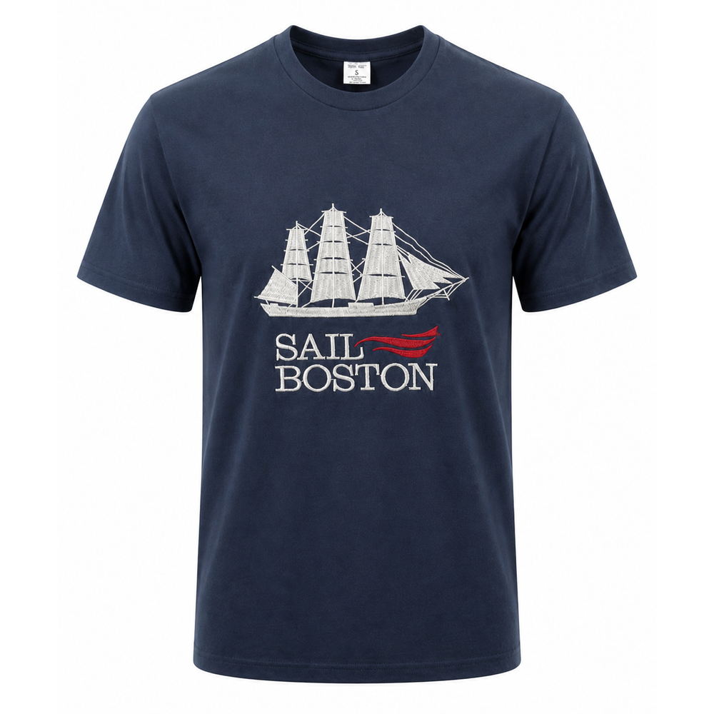 Sail Boston Embroidered Logo and Silhouette Tall Ship Short Sleeve T-Shirt Navy