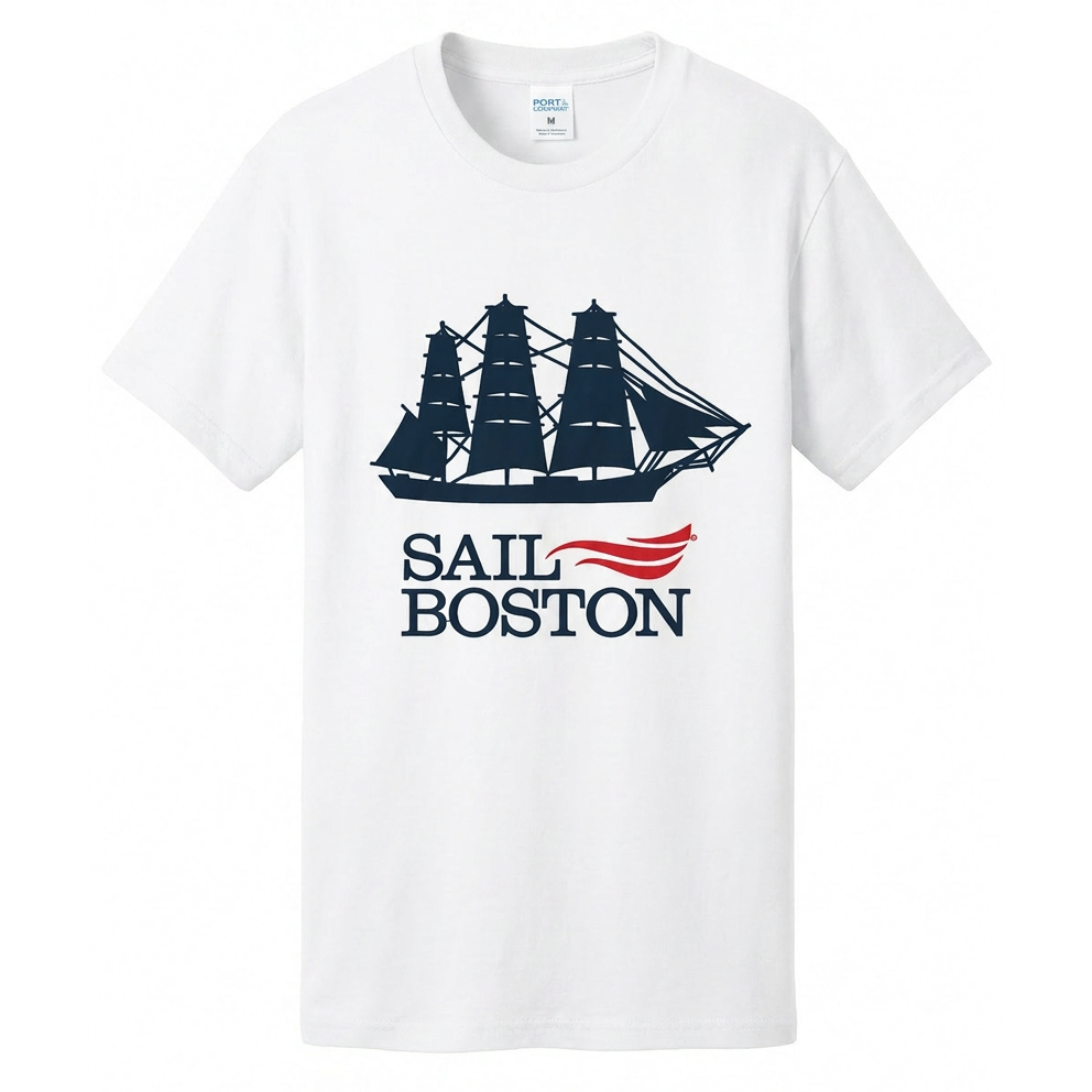 Sail Boston Embroidered Logo and Silhouette Tall Ship Short Sleeve T-Shirt White