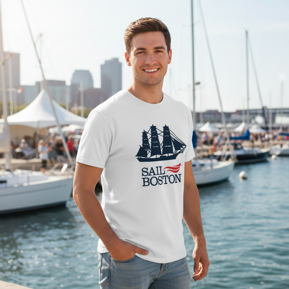 Sail Boston Embroidered Logo and Silhouette Tall Ship Short Sleeve T-Shirt in Use Outdoor Event