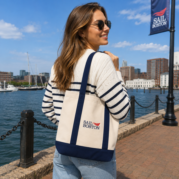 Sail Boston Primary Logo Canvas Tote Bag in Use Outdoor View