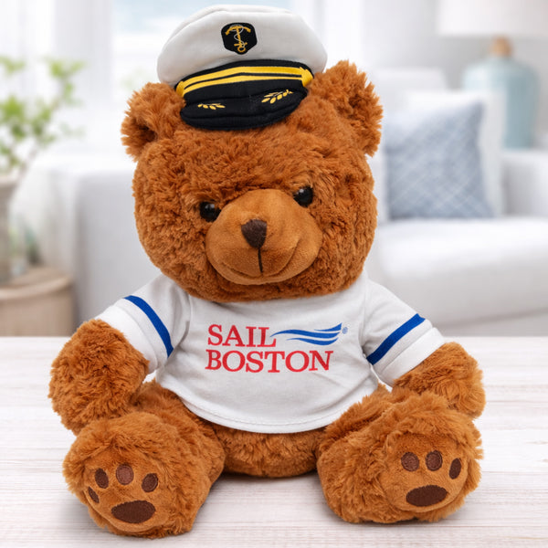 Sail Boston Primary Logo Plush Bear with T-Shirt and Captain Hat