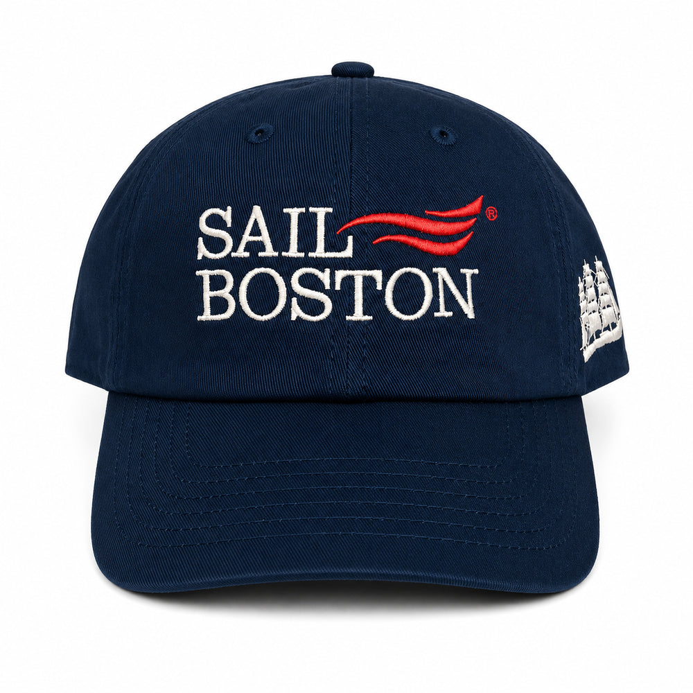 Sail Boston Logo, Ship, and BOSTON 2026 Embroidered Low Profile Hat with Adjustable Strap Navy Front View