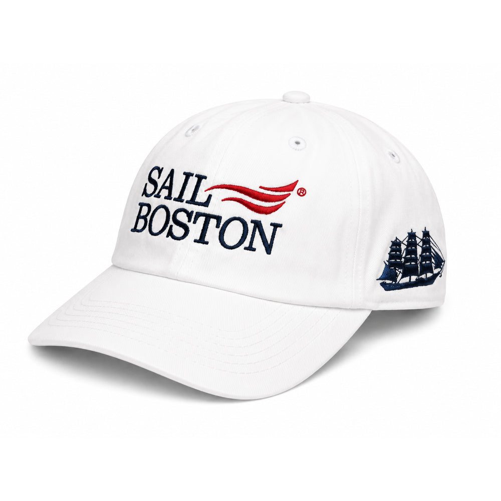 Sail Boston Logo, Ship, and BOSTON 2026 Embroidered Low Profile Hat with Adjustable Strap White Angle View