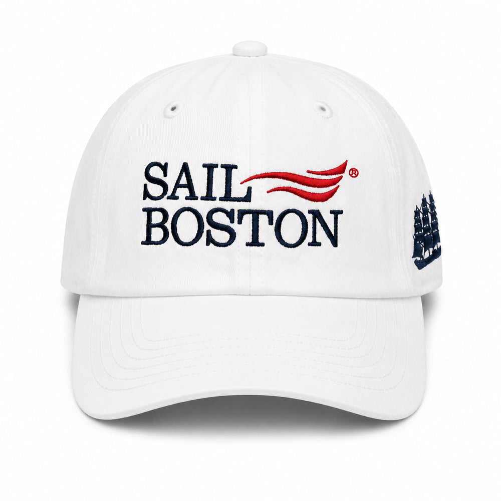 Sail Boston Logo, Ship, and BOSTON 2026 Embroidered Low Profile Hat with Adjustable Strap White Front View
