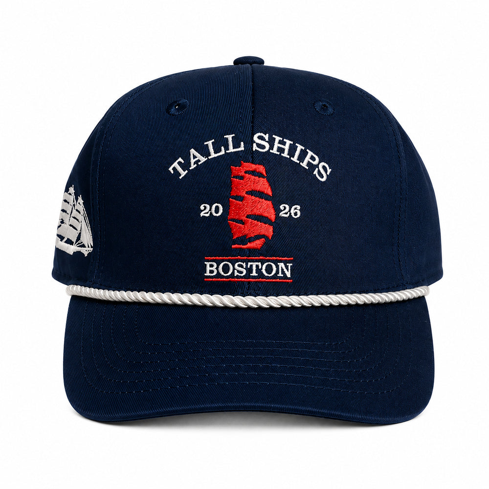 Sail Boston Tall Ships Logo, Ship on Side, and BOSTON 2026 Embroidered Rope Structured Hat with Adjustable Strap Navy Front View