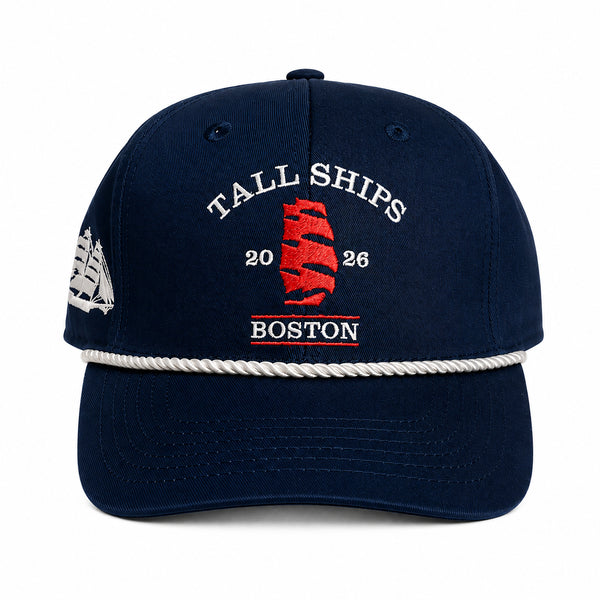 Sail Boston Tall Ships Logo, Ship on Side, and BOSTON 2026 Embroidered Rope Structured Hat with Adjustable Strap Navy Front View