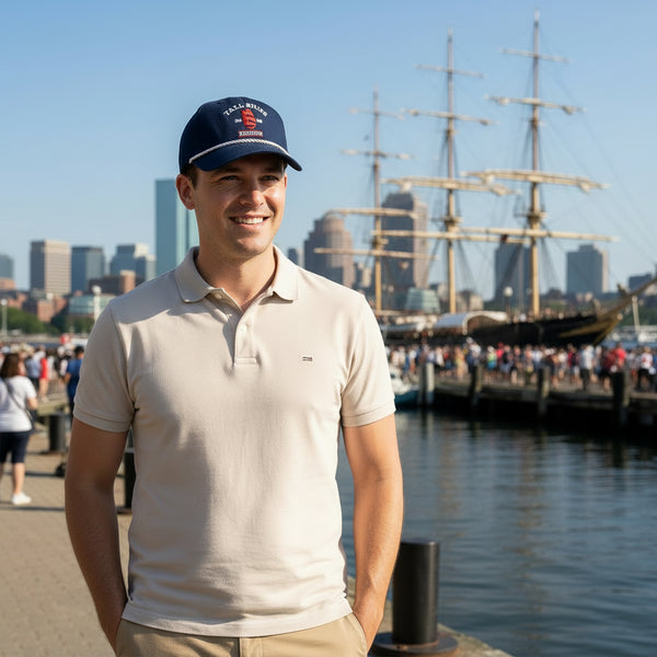 Sail Boston Tall Ships Logo, Ship on Side, and BOSTON 2026 Embroidered Rope Structured Hat with Adjustable Strap in Use Outdoor View