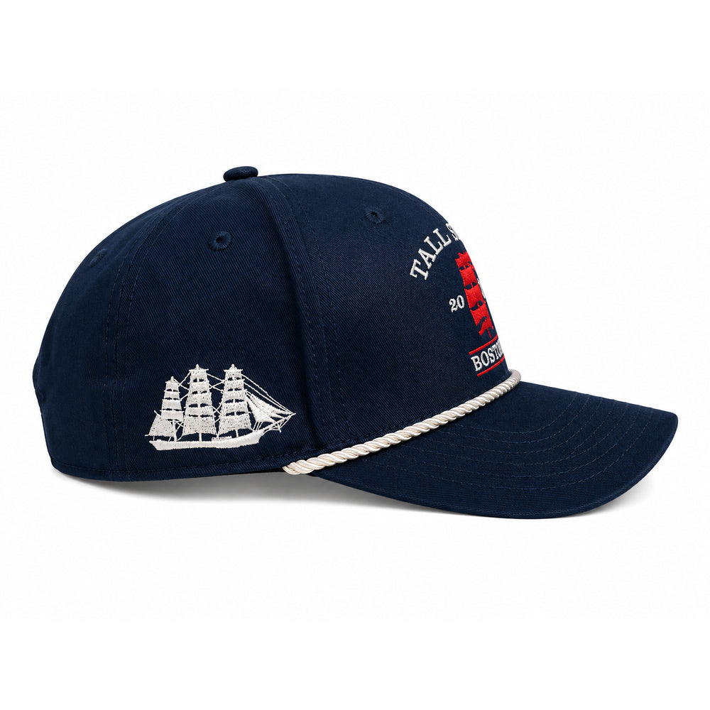 Sail Boston Tall Ships Logo, Ship on Side, and BOSTON 2026 Embroidered Rope Structured Hat with Adjustable Strap Navy Side View