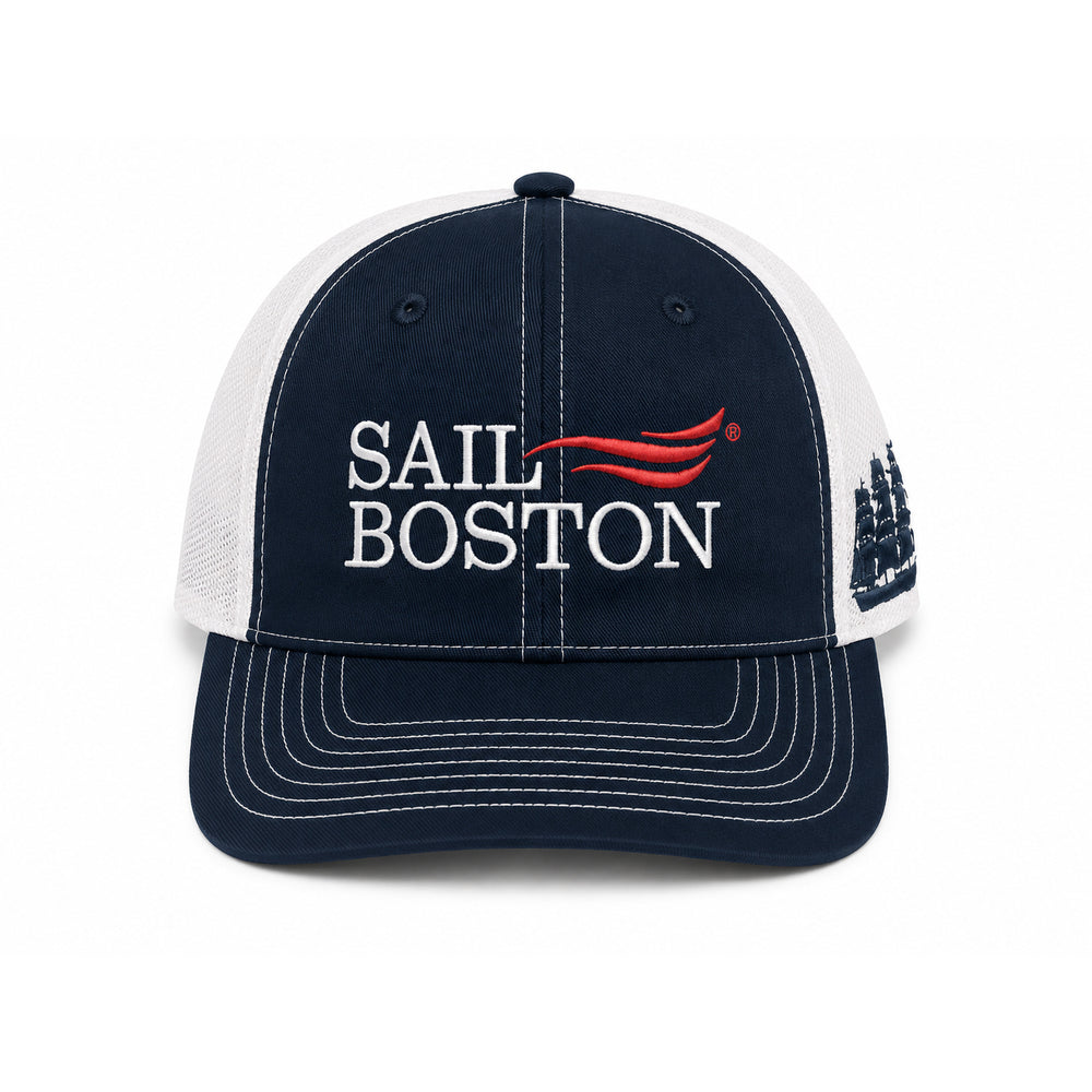 Sail Boston Logo, Ship, and BOSTON 250 Embroidered Trucker Hat with Mesh Back Front View