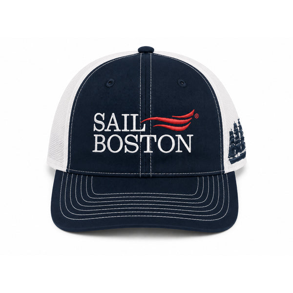 Sail Boston Logo, Ship, and BOSTON 250 Embroidered Trucker Hat with Mesh Back Front View