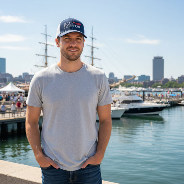 Sail Boston Logo, Ship, and BOSTON 250 Embroidered Trucker Hat with Mesh Back in Use Outdoor Event