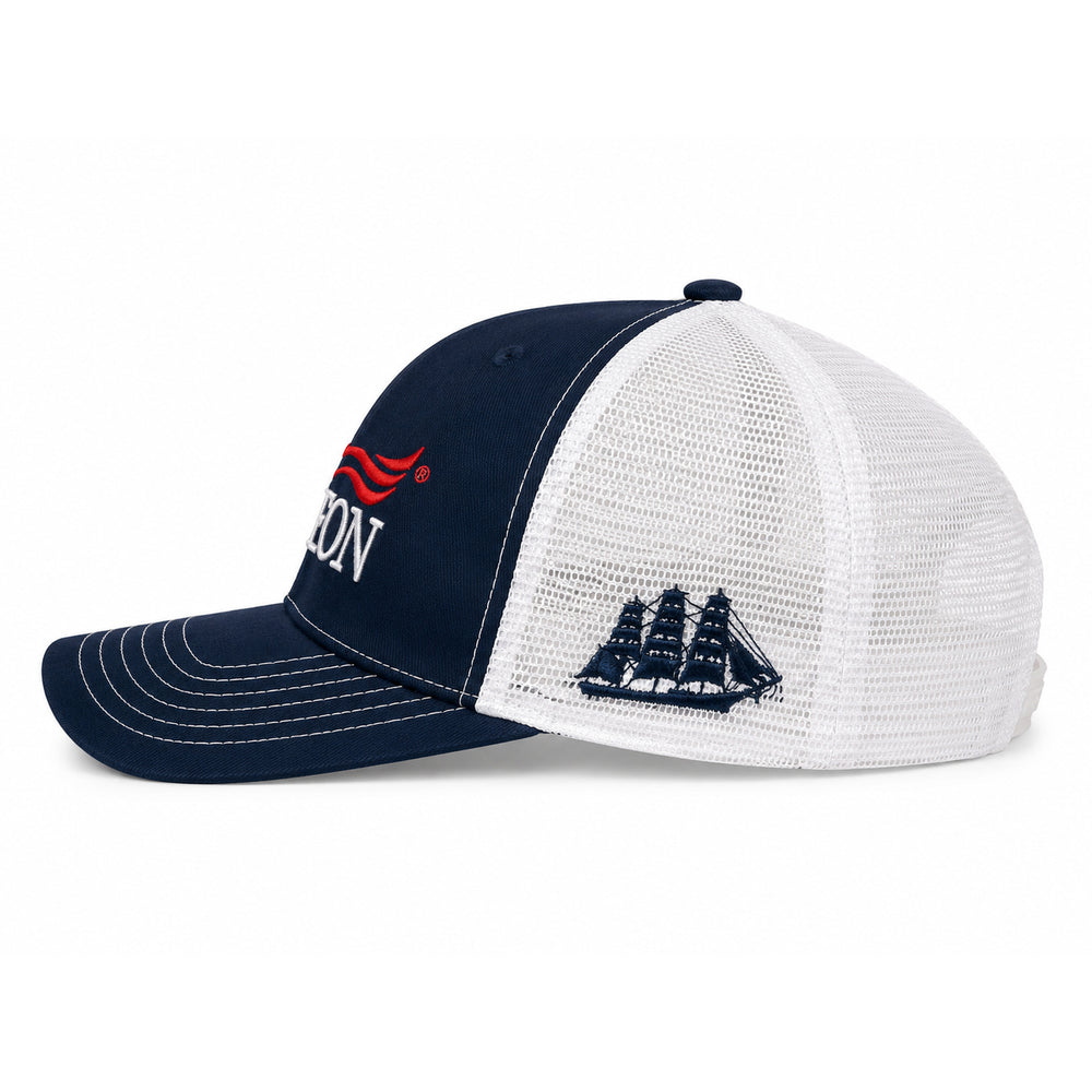 Sail Boston Logo, Ship, and BOSTON 250 Embroidered Trucker Hat with Mesh Back Side View