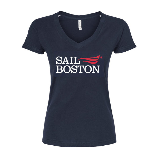 Sail Boston Primary Logo Womens V- Neck Short Sleeves T-Shirt Navy Front View