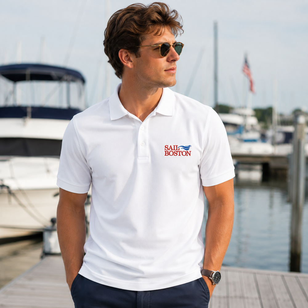 Sail Boston Men's Pique Polo Shirt in Use Outdoor View
