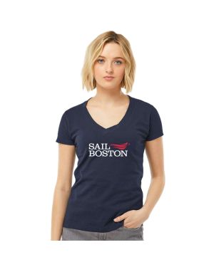 Sail Boston Primary Logo Womens V- Neck Short Sleeves T-Shirt Navy